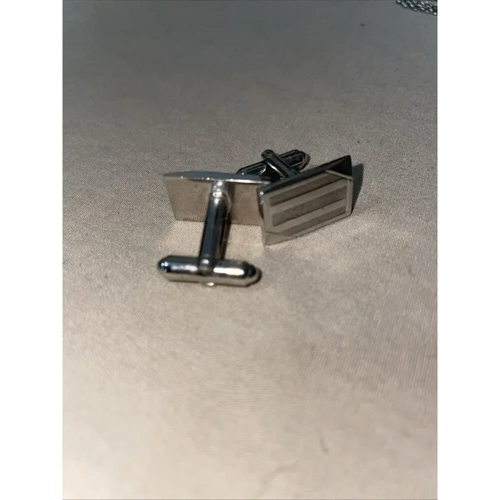 Men's Silver Black Rectangle Fixed Back Cufflinks Metal Classic